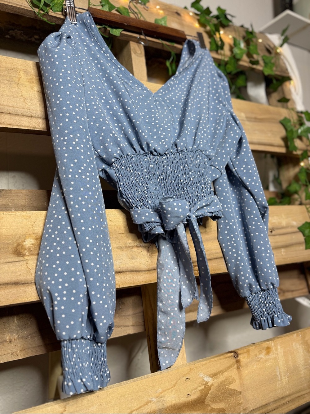 SHEIN Blue Polka Dot Smocked Waist Long Sleeve Top